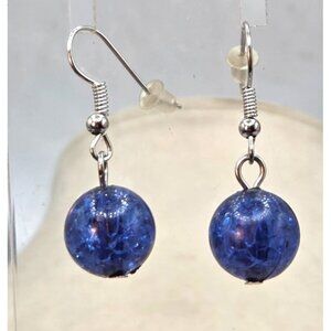 Blue Crackle Glass Bead Dangle Earrings With Silver Hooks